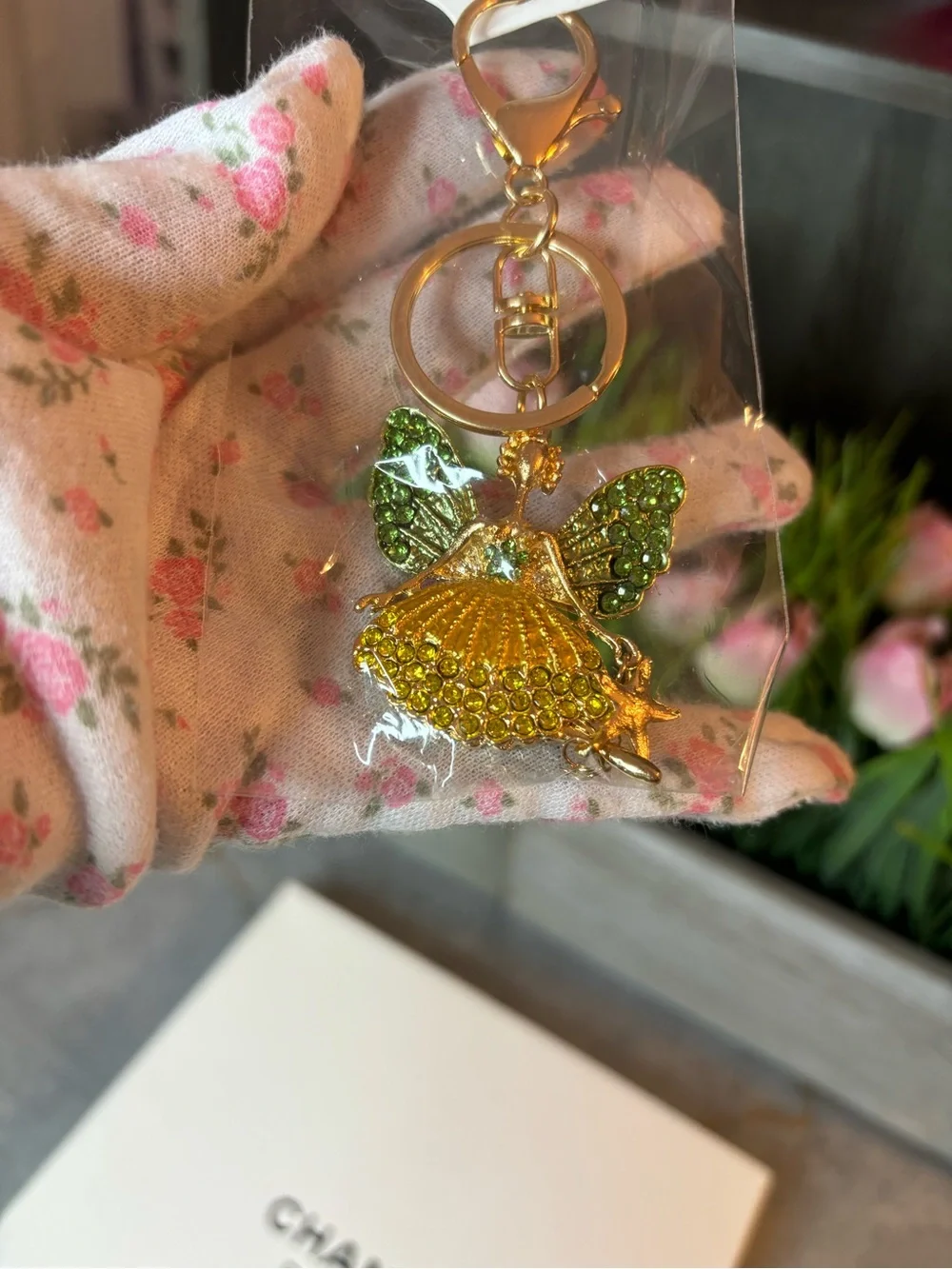 Fashion Jewelry Gold-Tone Fairy 🧚 Bag Charm-keychain with Green and Yellow